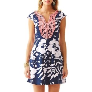 Lilly Pullitzer Briella dress XS blue floral coral lace v-neck Fit & Flare